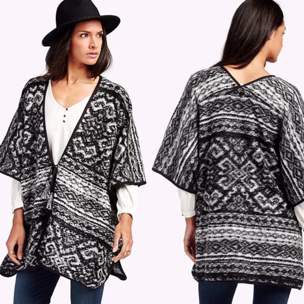 Lucky Brand Poncho Shawl Boho Black White One Size Aztec Print Oversized Western